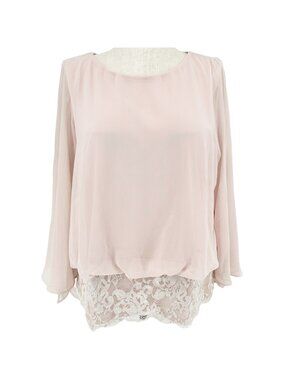Collection By Dressbarn Blouse Women 2X Blush Pink Chiffon Lace Hem Split Sleeve